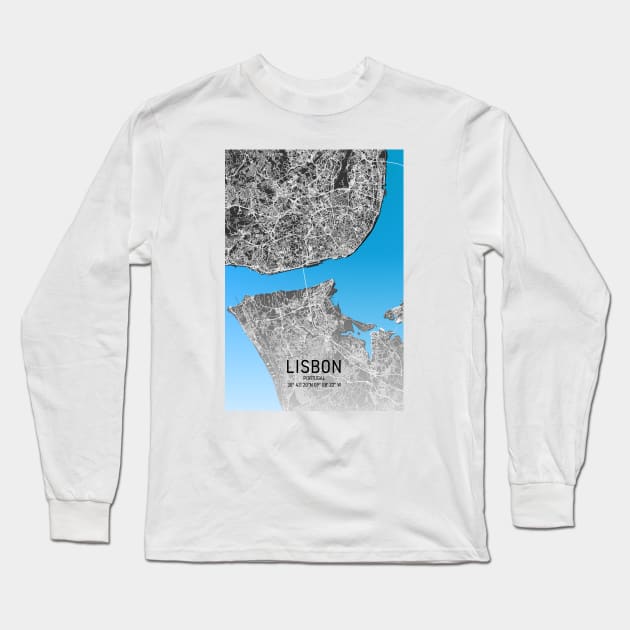 Lisbon City Map Blue, White and Black Long Sleeve T-Shirt by MapCarton